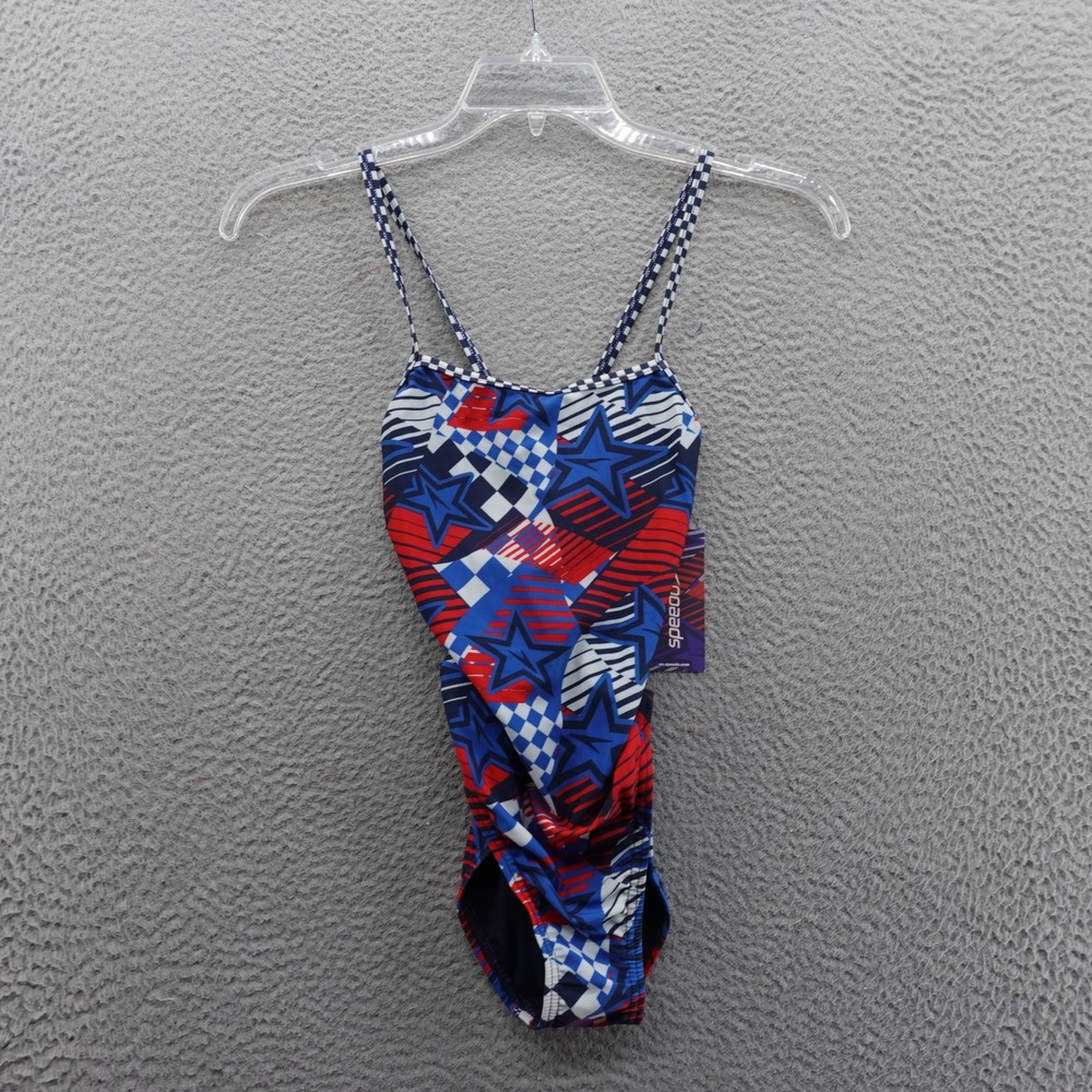 Speedo Printed Tri Back One Piece Swimsuit Size 30‎ Blue Red Women NWT
